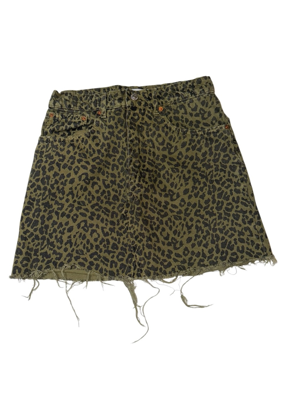 Zara Olive Green Leopard Print Denim Mini Skirt